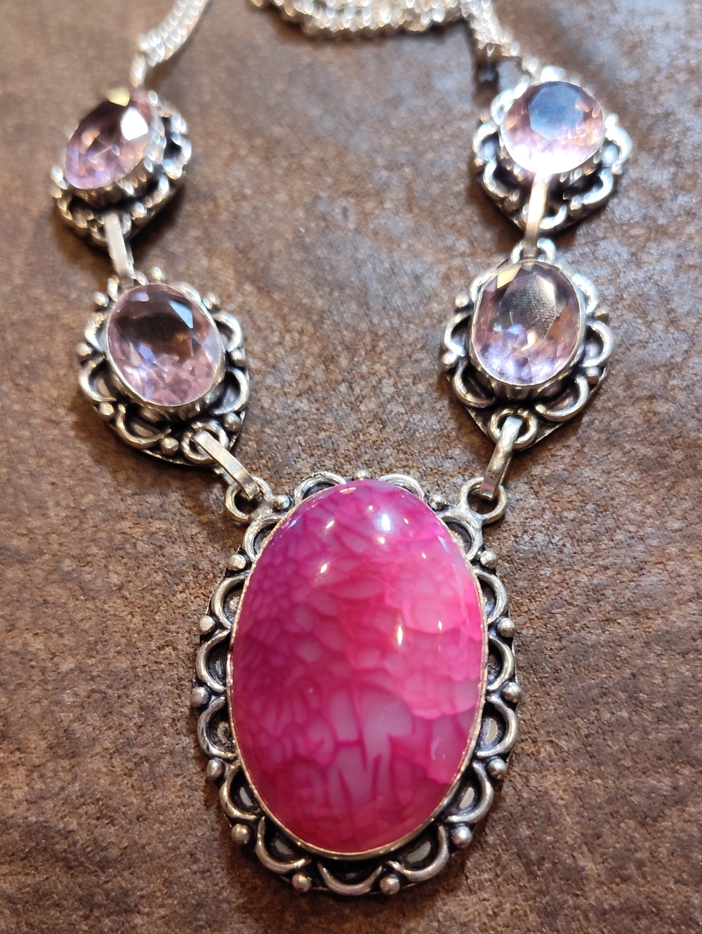 Dragon Vein Chalcedony 925 Sterling Necklace 4 Pink Faceted Glass Stones 24" - Picture 1 of 2
